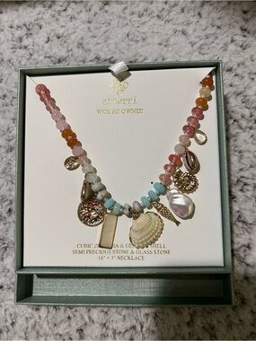 Atterri Multicolor Beaded Charm Necklace with Shell and Gold Accents
